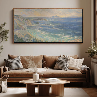 Extra Large Coastal Ocean Landscape with Rocky Shore Waves Blue Water and Atmospheric Seaside View Print Wall Art