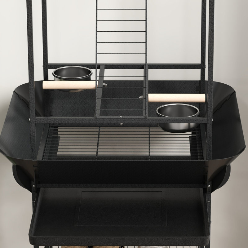 Dark Gray Bird Play Stand With - Stainless Steel Feed Bowls, Pull-Out Tray, Hanger, For Parrot Comfort Wheels & Perches, Amusing Hanger