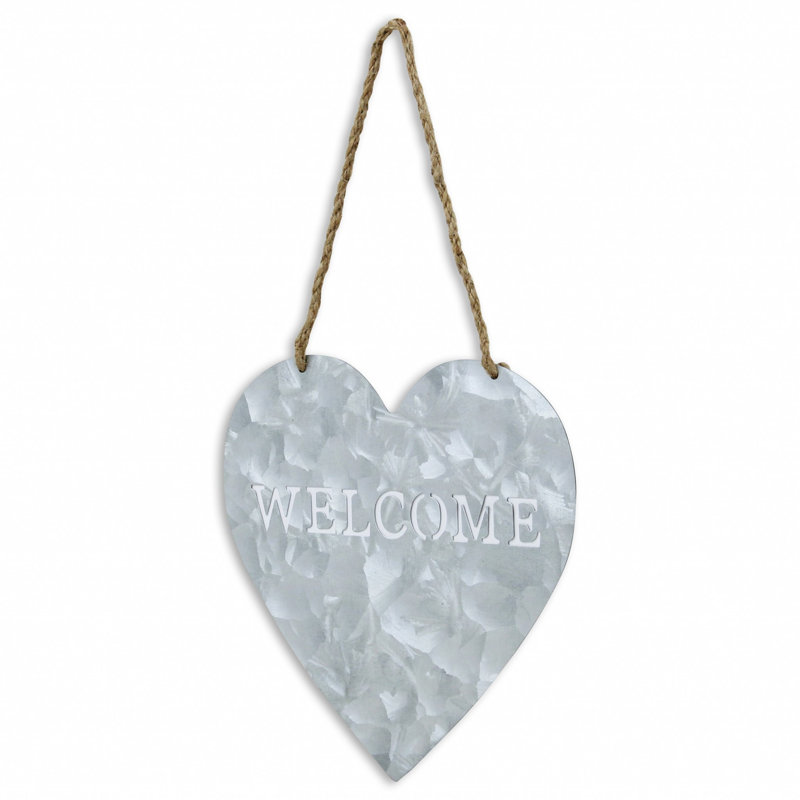 10" Gray Galvanized Metal Heart Shaped Welcome Wall Decor, 9.5' x 9.5' x 0.25'