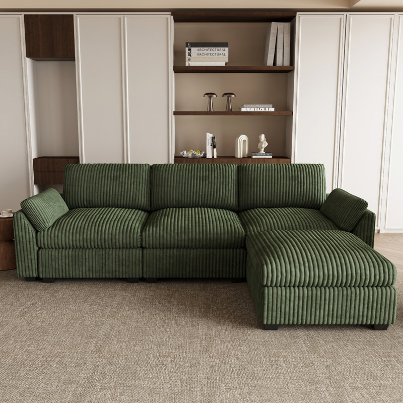 Plush Wide Corduroy Modular Sectional Sofa L-Shaped Solid Wood Sofa with Ottoman, Green Corduroy