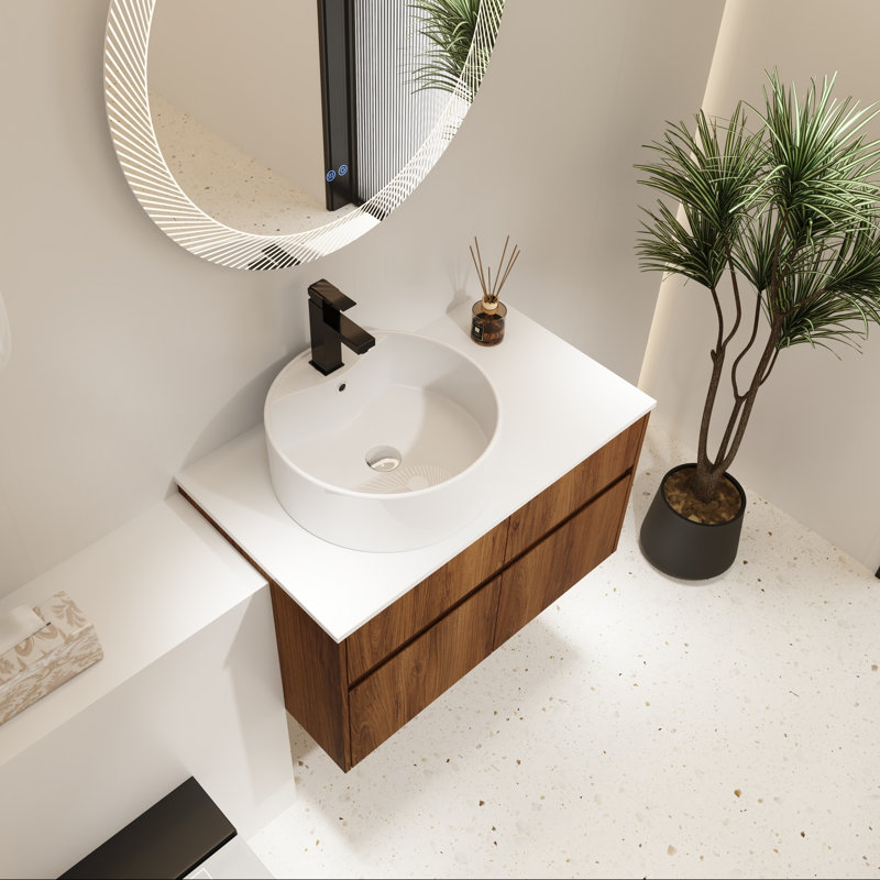 Meuble-lavabo mural moderne de 81 cm (32 po) avec tiroir à fermeture amortie et lavabo en céramique, Brun ébène