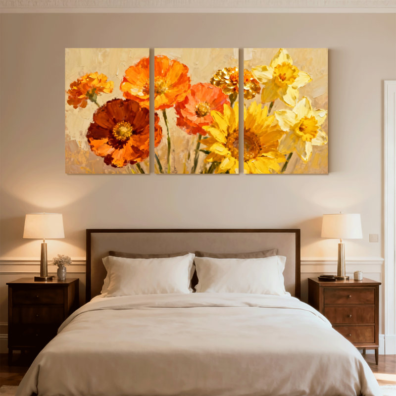 Plantes et fleurs, art floral vibrant avec coquelicots orange et jaunes, ensemble de 3 impressions sur toile