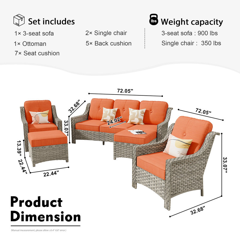 Harper Wicker 7 - Person Patio Conversation Set with Cushions, Fine-Stripe Orange Red