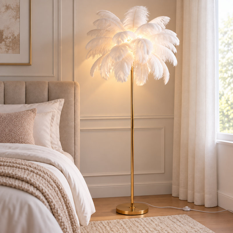 Lampe sur pied moderne de 63 po à plumes avec éclairage 3 couleurs, abat-jour surdimensionné en plumes d'autruche de plus de 40 cm et interrupteur au pied, doré