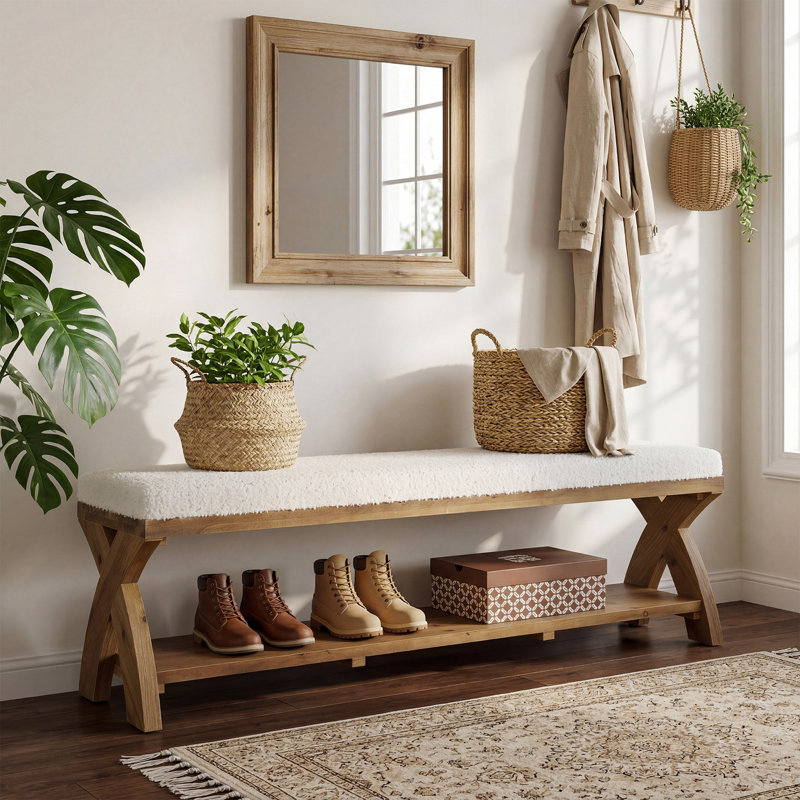 Banc à chaussures rembourré en bois massif avec tablette de rangement