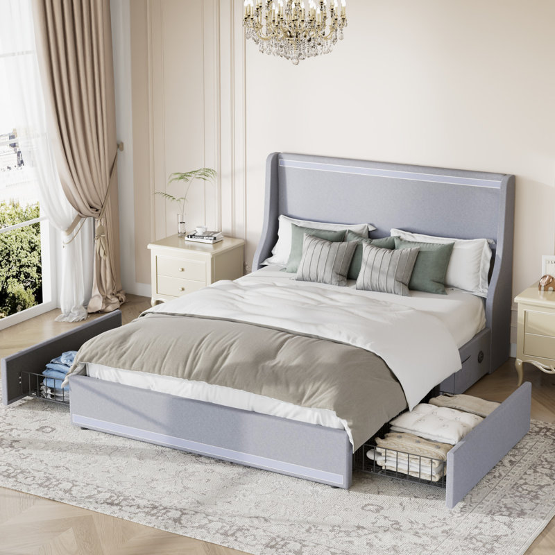 Full Size Storage Platform Bed with Charging Station and Smart Control RGB LED Lights, Gray Upholstered Bed Frame with Storage Drawers, USB & Type-C Charging Ports, Soft Linen Padded Headboard, 2 Under-Bed Storage Drawers, No Box Spring Needed