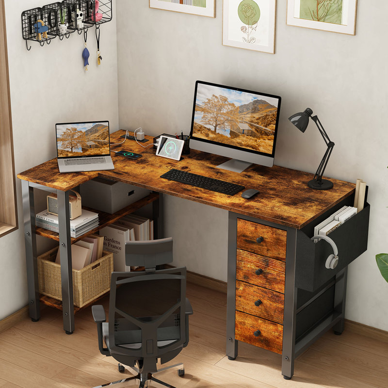 Built-in Outlets L-Shaped Computer Desk with Drawers & Storage Shelves, Brown/Black, 29.5" H x 47.2" W x 26.8" D
