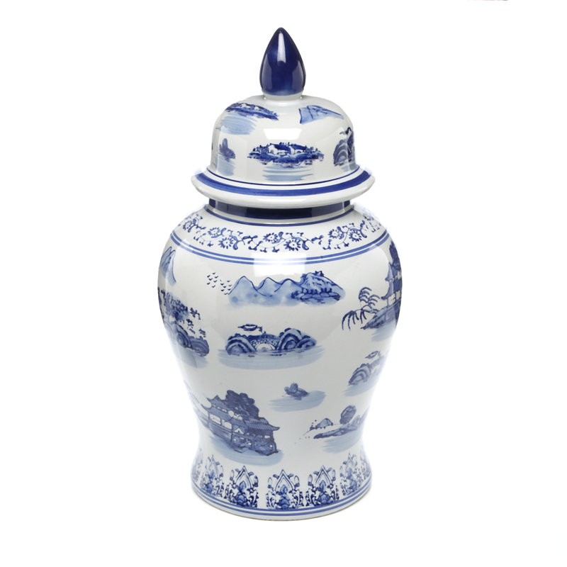 Pot de temple chinois intemporel, Paysage bleu, 18"