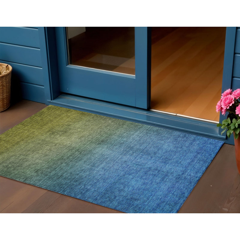 3' X 5' Olive Green Blue And Navy Blue Ombre Washable Indoor Outdoor Area Rug