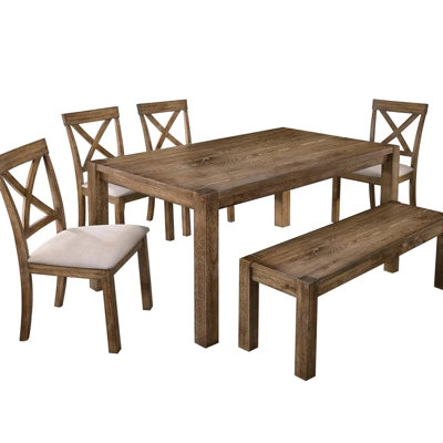 6 Pieces Driftwood Dining For Daily Use, Rectangular Table, 4 Open X - Back Chairs And Bench, Solid Wood Makeup Transitional, Pieces, , Side Chairs, "x" Window, Natural Oak Shade