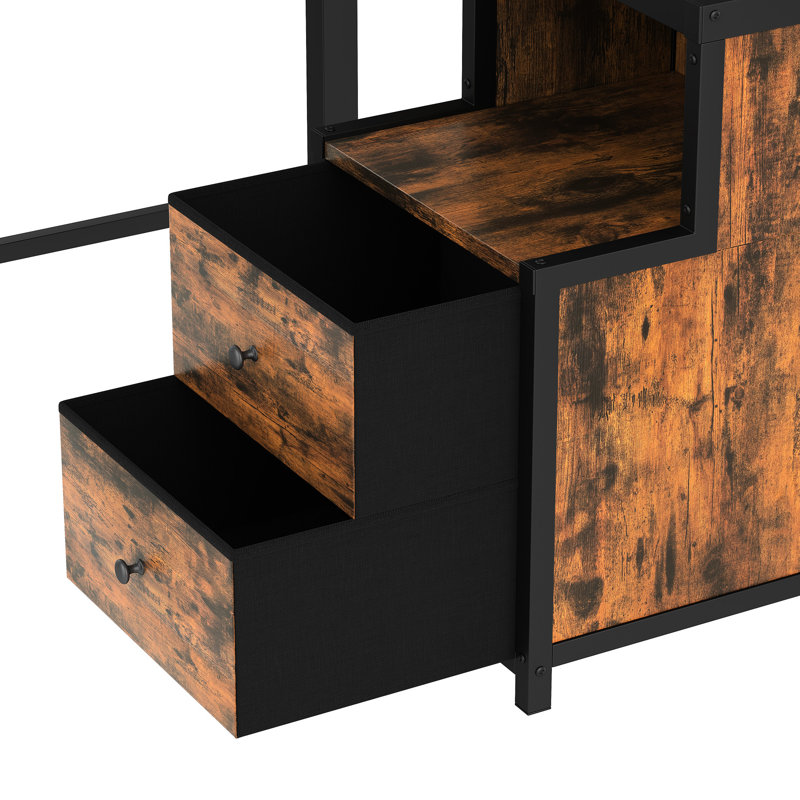 Lit mezzanine double en métal noir avec bureau intégré, rangements en tissu non tissé, structure robuste, échelles sécurisées dans les tiroirs, construction en acier pour un sommeil silencieux et facile à monter.