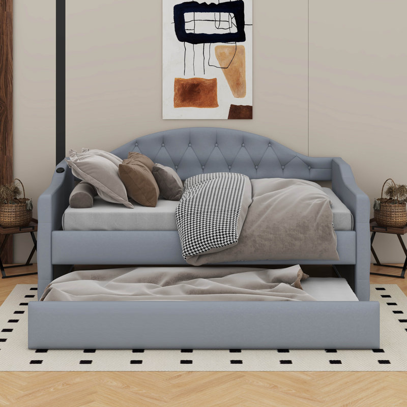 Twin Tufted Velvet Upholstered Daybed With Trundle, Gray