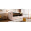 Lit de jour simple en velours rose, cadre de lit avec rangement hydraulique, et structure de matelas de type C à chargement, dossier et déplacement pour plus de stabilité