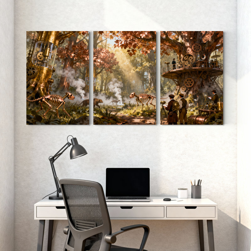 Fantaisie et science-fiction Steampunk forêt mécanisée dinosaures aventure ensemble de 3 impressions sur toile