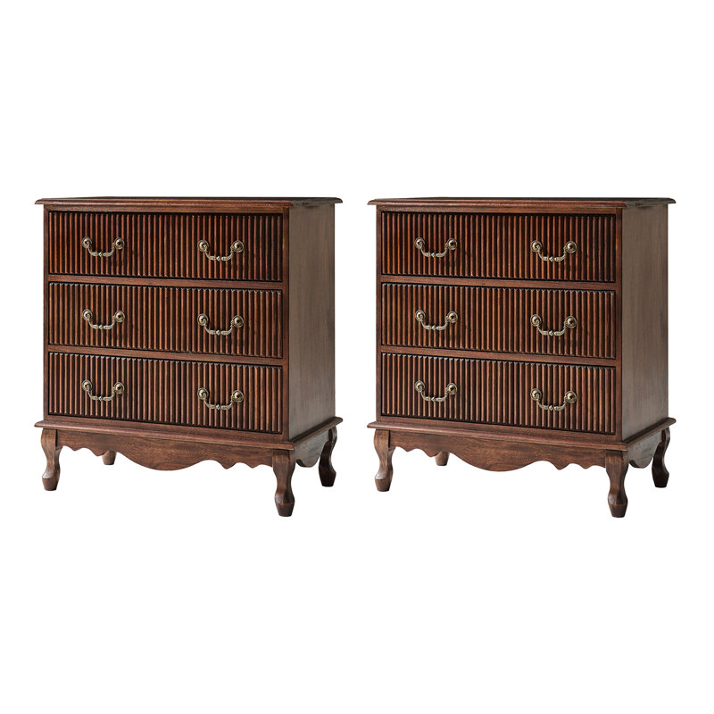 Kaybri Transitional 28"W 3-Drawer Solid Wood Fluted Chest with Built-In Power Outlet Simple Assembly Set of 2, Walnut