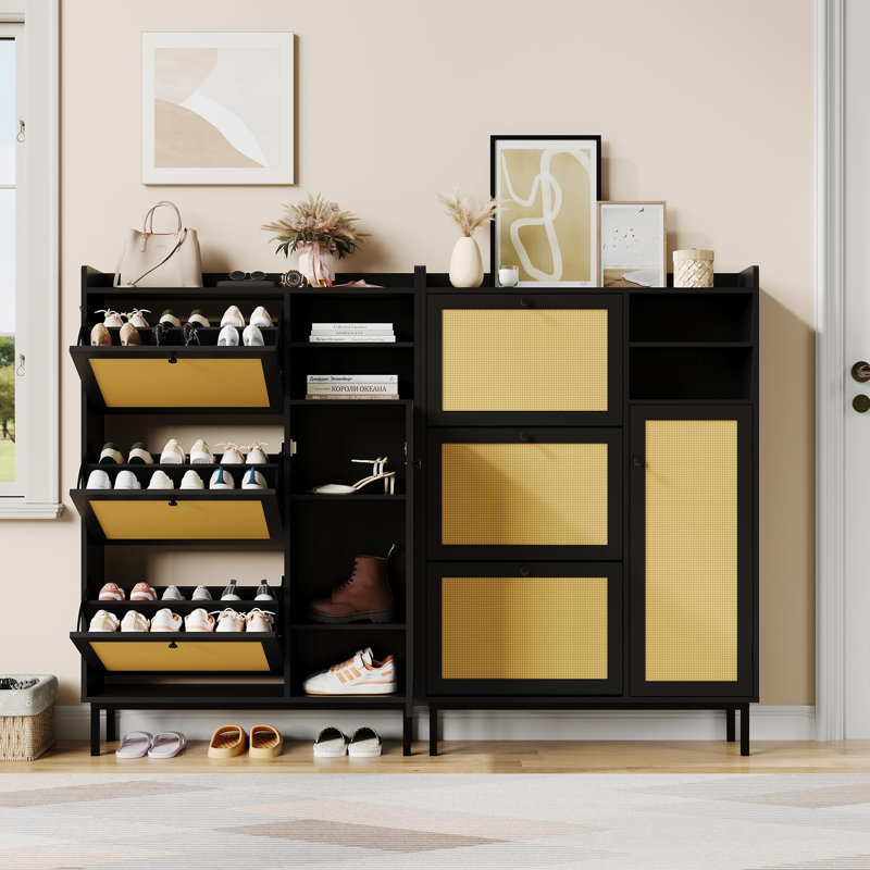  Natural Rattan Shoe Cabinet – Freestanding Storage Organizer with 3 Turn Drawers & 5-Tier Shelves – Modern Entryway, Hallway and Home Office, Closet Furniture – Black Color