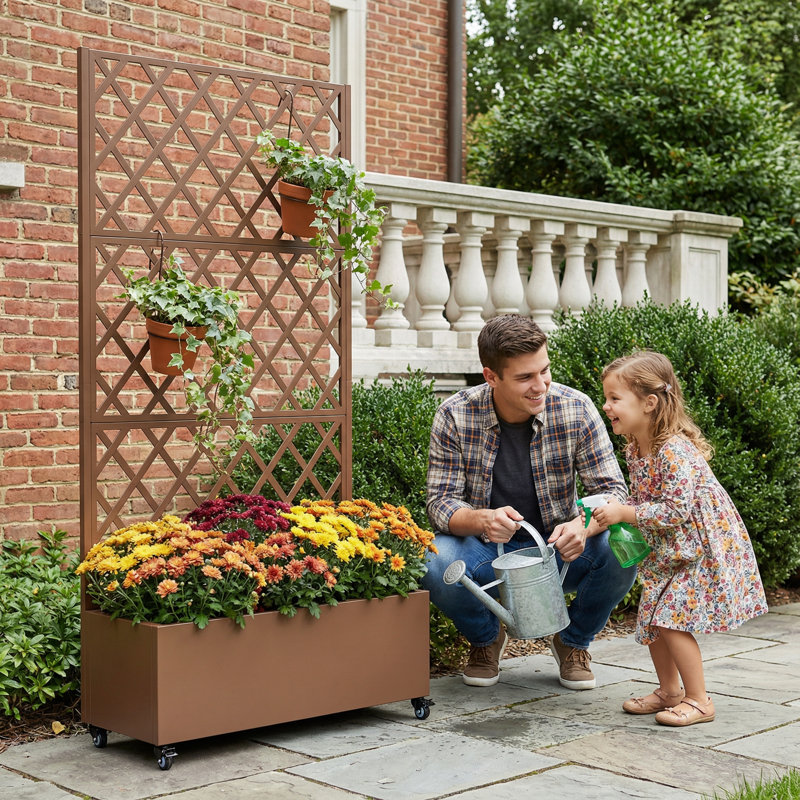 73"H×35"W Metal Planter Box with Trellis with Wheels, 73" H x 35" W x 16" D, Brown