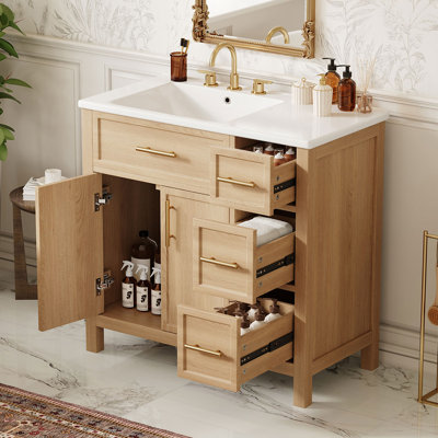 Meuble-lavabo 36 po avec lavabo en céramique, fabrication en bois massif et panneau de fibres à densité moyenne, armoire rainurée, poignées dorées