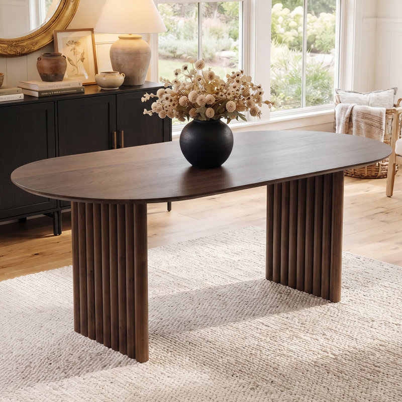 79" Soild Wood Dining Table with Double Pedestal Base &  Oval Tabletop , Walnut