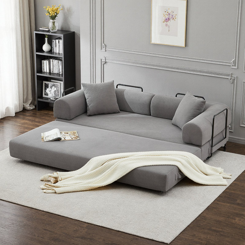 Canapé-lit pliant gris en velours côtelé de 78,5 po avec coussins 3 places, Gris