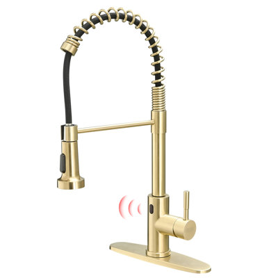 Brushed Gold Automatic Smart Kitchen Faucet, Touchless With Activation Motion Sensor And Pull Out Stable