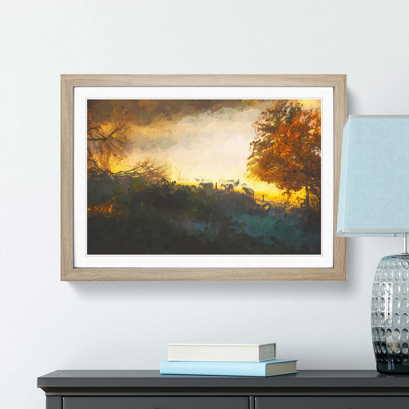 Sheep in Sweden in Abstract - Picture Frame Graphic Art Print, Oak, 60cm H x 91cm W x 2cm D
