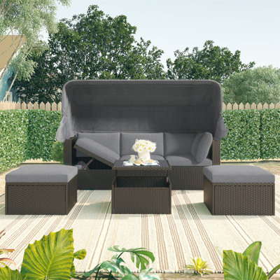 U_Style Outdoor Patio Rectangle Daybed With Retractable Canopy,  Wicker Furniture Sectional Seating With Washable Cushions, Backyard, Porch