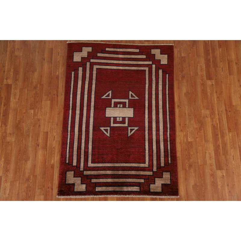 Tapis rouge en laine noué à la main de conception unique 3 pi 10 po x 5 pi 7 po New Age