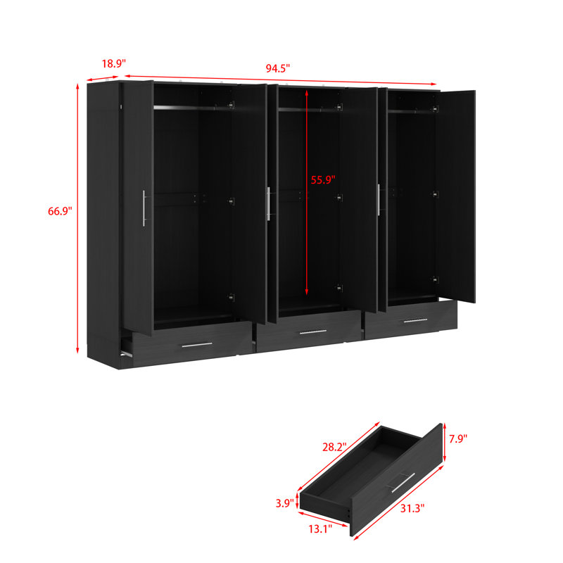 Armoire penderie 6 portes 94,5 po de largeur avec 3 tiroirs, Noir, noir, noir, noir