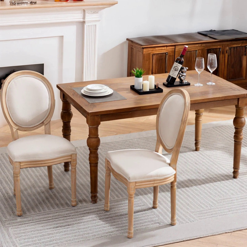 French Style Solid Wood Frame Antique Painting Linen Fabric Back Dining Chair, Beige Linen
