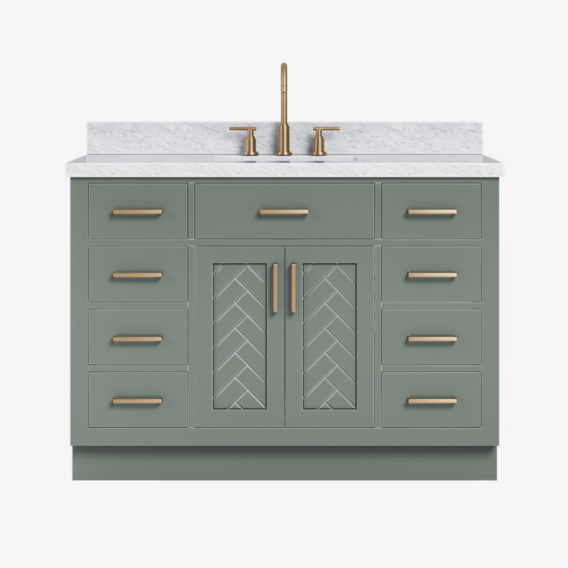 Meuble-lavabo simple en bois massif 48 po avec lavabo en marbre de Carrare 1,5 po Tidworth, Forme rectangulaire, Vert rétro