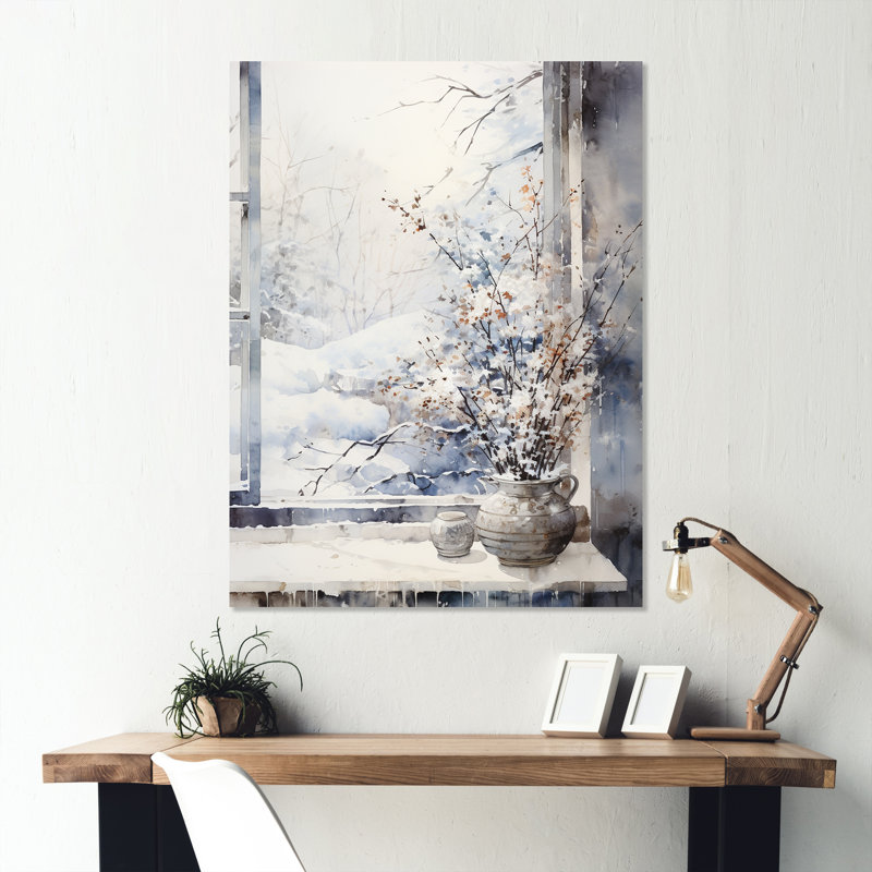Floral Snow Window View In Winter 1 - Japan Metal Wall Art, H 32 po x l 16 po x P 1 po