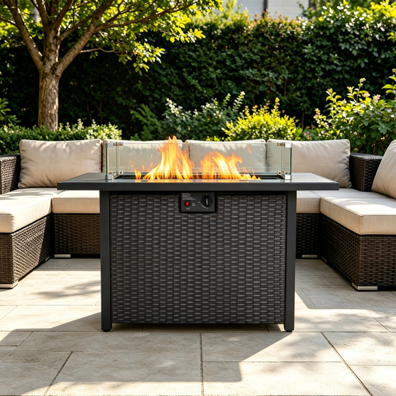 Table de foyer d'extérieur au propane 44 pouces 50 000 BTU, foyer d'extérieur rectangulaire 2 en 1 avec pare-vent en verre pour rassemblement de jardin