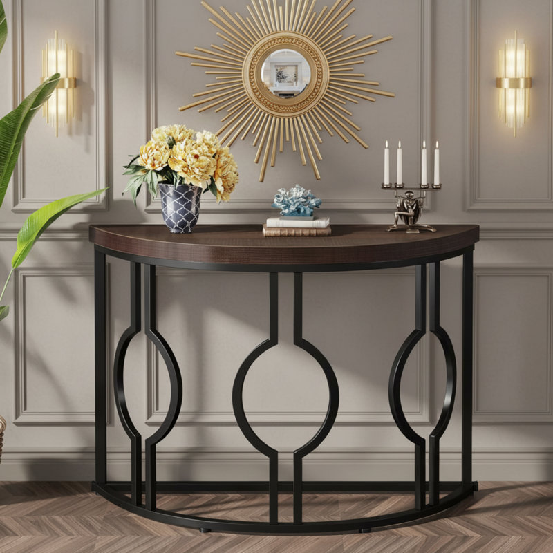 Industrial-Style Crescent-Shaped Wooden Side Table With A Sturdy Geometric Base, In A Vintage Brown Color. Suitable For Entryways, Living Rooms, Hallways, And Entrances.