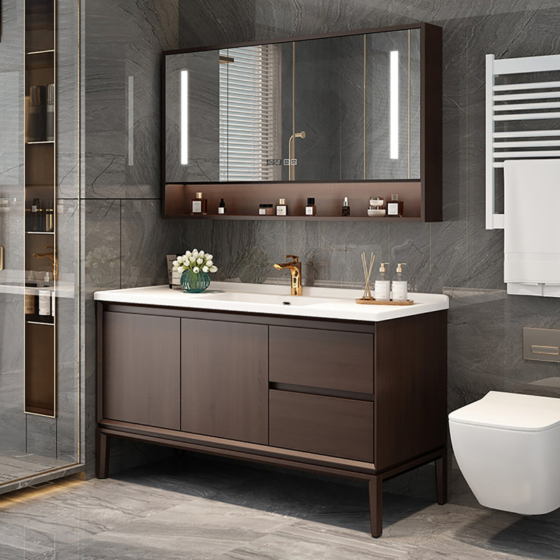 Meuble-lavabo sur pied 43,70 po en chêne massif avec miroir, 44"