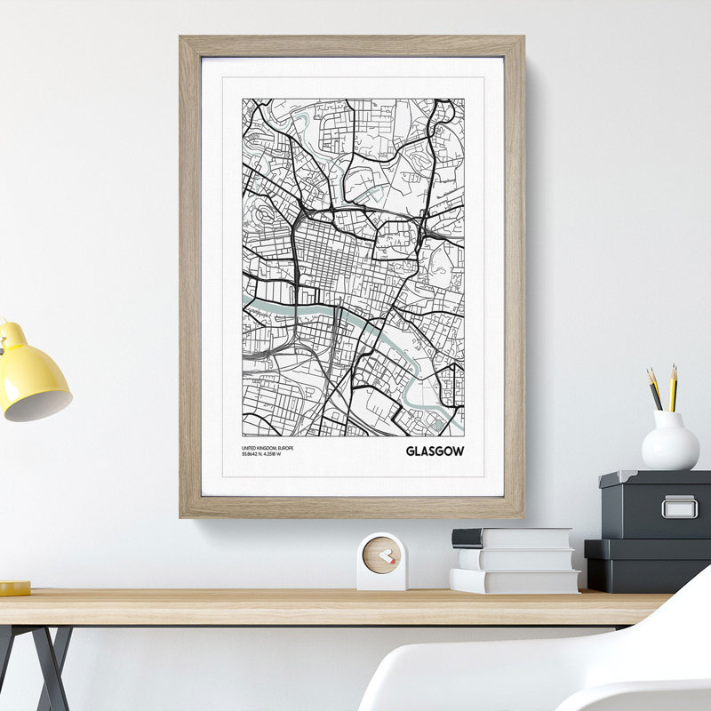Map Glasgow UK - Picture Frame Graphic Art, Oak Framed, 36cm H x 27cm W x 2cm D