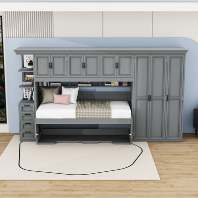 Lit escamotable simple 6 tiroirs avec garde-robe, tablettes, armoire et bureau