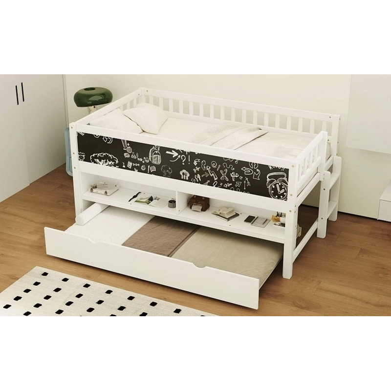 Lit mezzanine bas en bois avec tablette de rangement et lit gigogne Kitzie, Blanc
