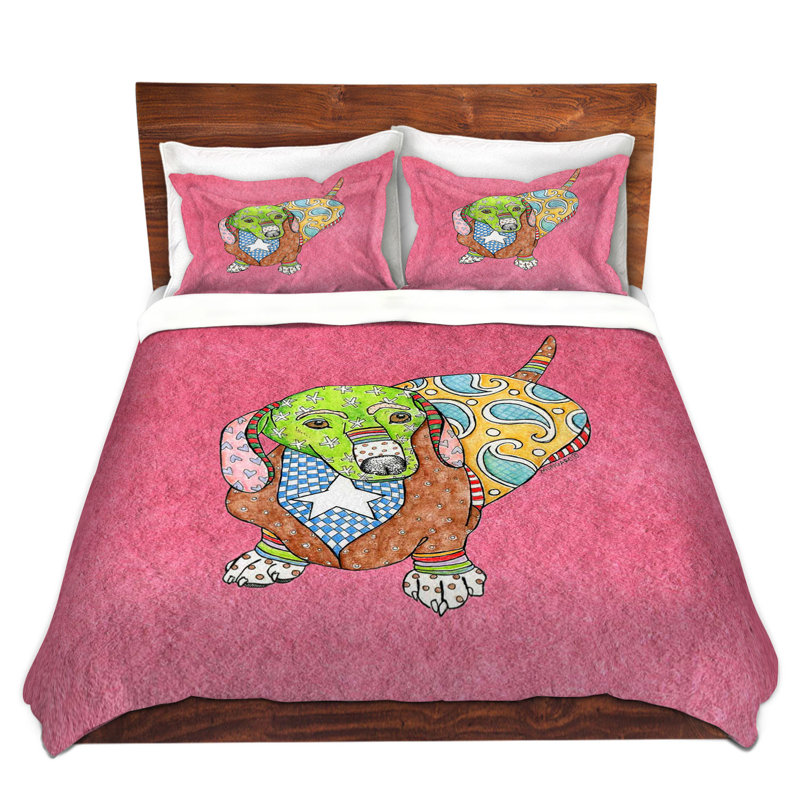 Ensemble de housse de couette teckel dog, 1 housse simple + 1 taie standard, Rouge / Mauve / Bleu
