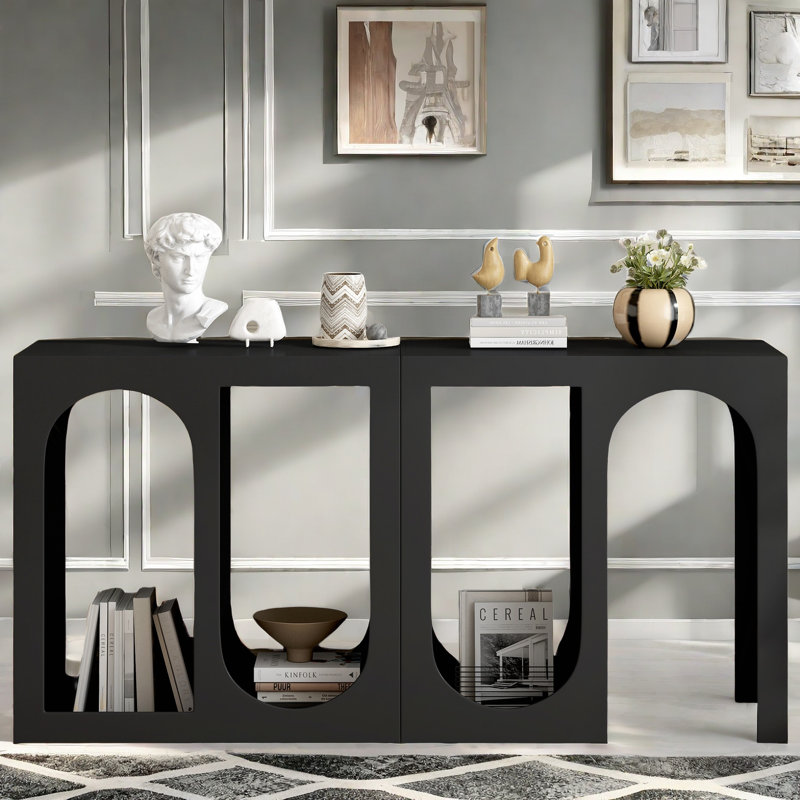 Berniece Modular Console Table with Rectangular Exterior and Curved Interior Design, Black