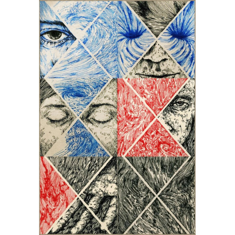 Grey Blue Themed Surrealist Design Face And Eye Patterned Modern Decorative Carpet, Rectangle 4'8" x 6'7"
