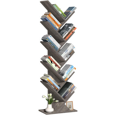 10 Tier Tree Book Shelf, Floor Standing Wood Bookshelf for Narrow Space, Storage Organizer Bookshelves for Books/CDs/Magazine, Bookcase with Shelves for Home Office, Living Room