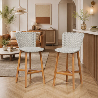 Lymington Outdoor Bar Stool Set of 2, Durable Acacia Wood and PE Wicker, for Home and Commercial Use