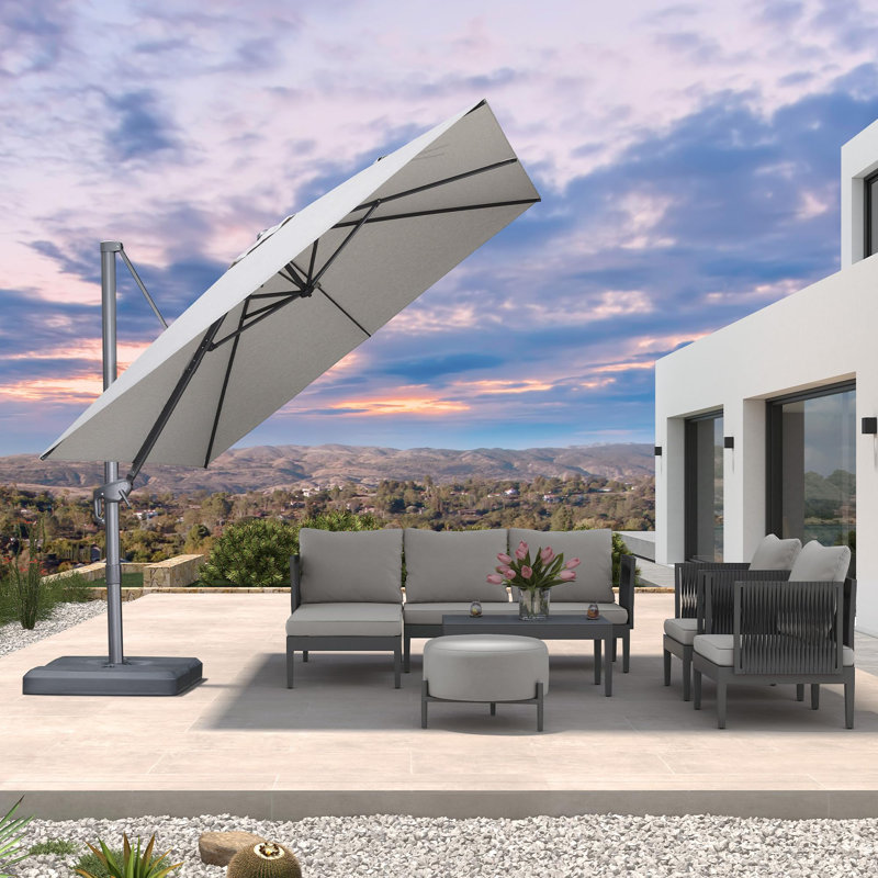  Parasol carré gris clair en porte-à-faux 10 pi Arlmont & Co. avec tissu recyclé résistant à la décoloration et rotation à 360 degrés