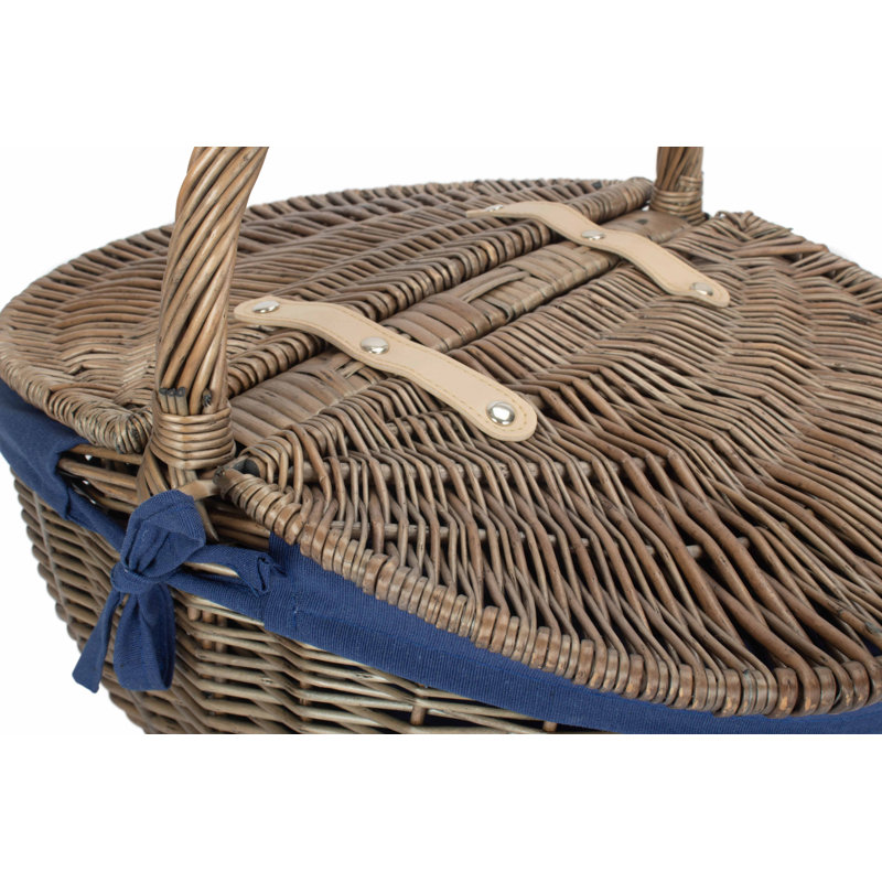 Wicker Lidded Picnic Hamper Basket with Lining,  Antique Wash 