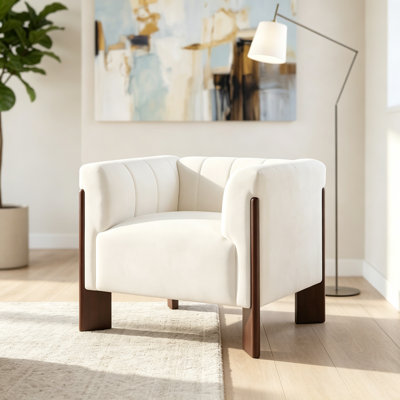 Chaise d'appoint moderne en velours avec dossier serré, accoudoirs ronds, dossier capitonné à canal vertical et pieds en bois d'hévéa noyer pour le salon, la chambre à coucher ou le coin lecture, brun