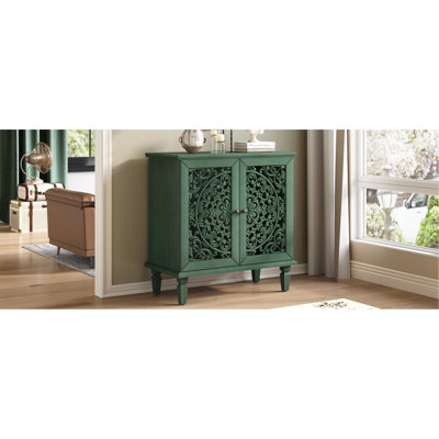Commode d'appoint rétro sculptée, buffet de rangement à 2 portes avec motif floral symétrique, tablette réglable et pieds en bois massif pour le vestibule du salon (vert antique)