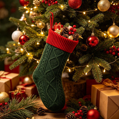 Décorations de Noël Chaussette de Noël en tricot avec bas de Noël en tricot torsadé avec manchette épaisse Chaussette de Noël à suspendre pour cheminée