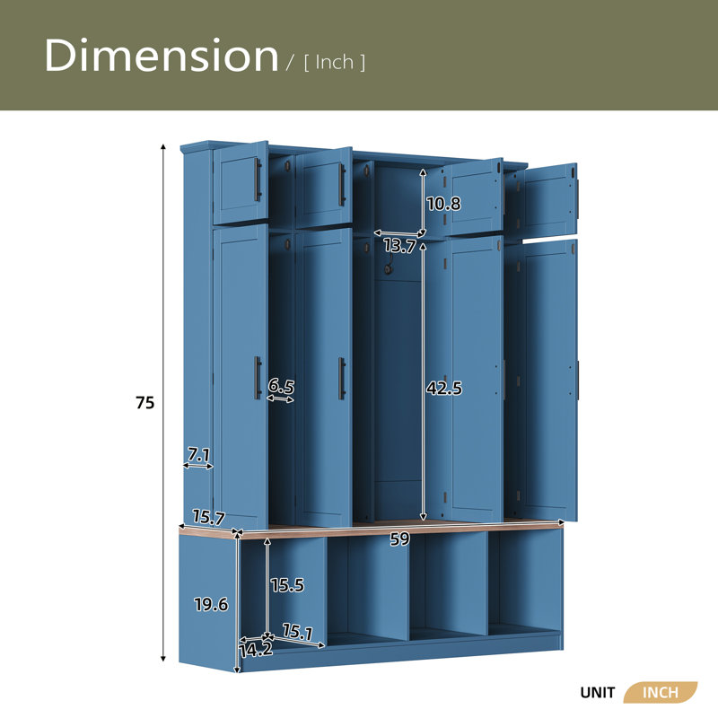 Arbre d'entrée de style campagnard avec 4 crochets cachés, banc polyvalent en noyer avec 8 portes, armoire à chaussures d'entrée avec compartiments ouverts