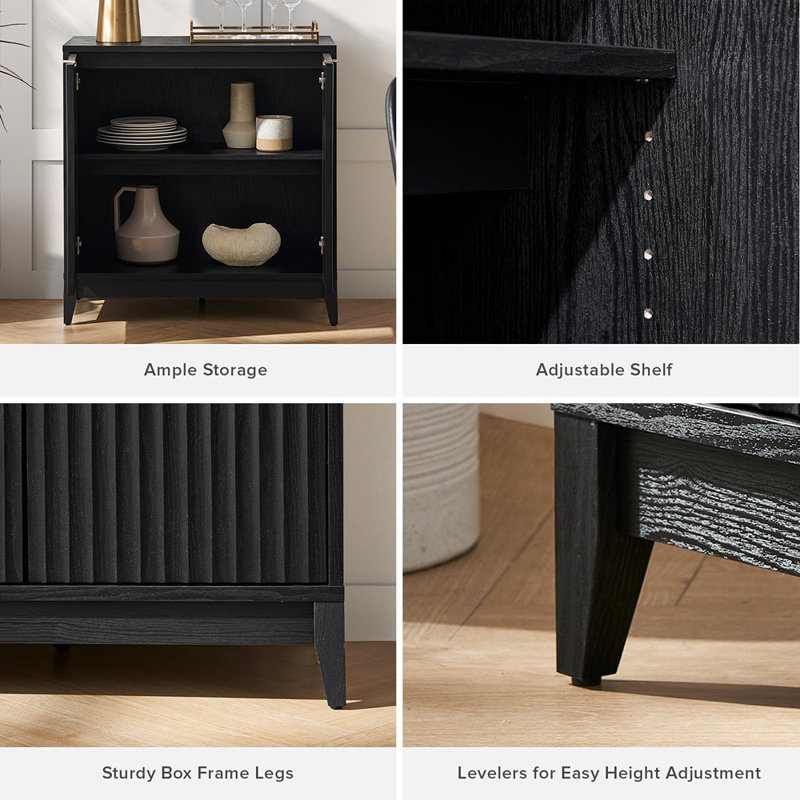 Modern Farmhouse Storage Cabinet With Fluted Panels, Single-Door Accent Sideboard, Black